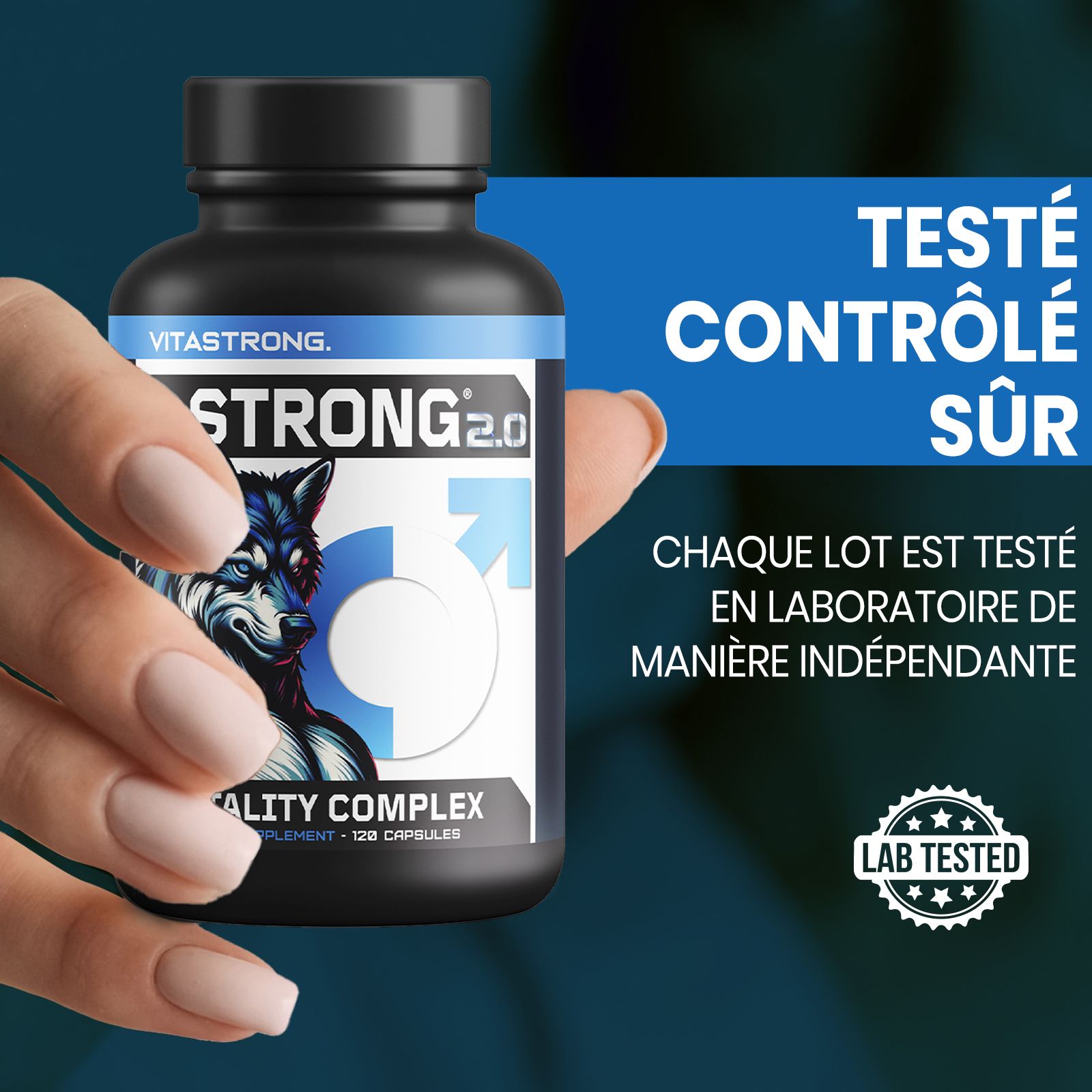Flacon Vitastrong T-STRONG 2.0. Flacon noir avec étiquette bleue. Contient 120 gélules. Testé en laboratoire.
