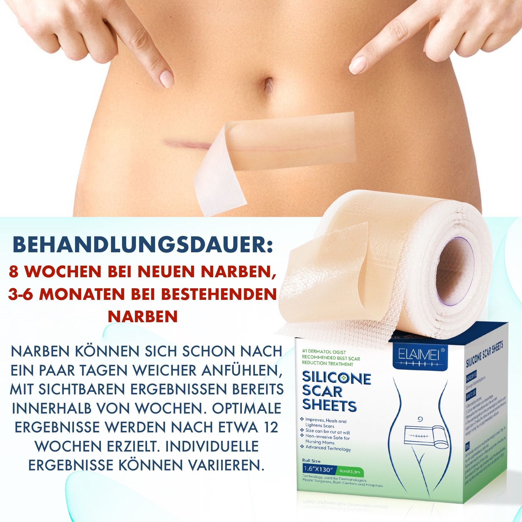 Siliconen pleisterrol en verpakking. Littekenbehandeling: 8 weken bij nieuwe, 3-6 maanden bij bestaande littekens.