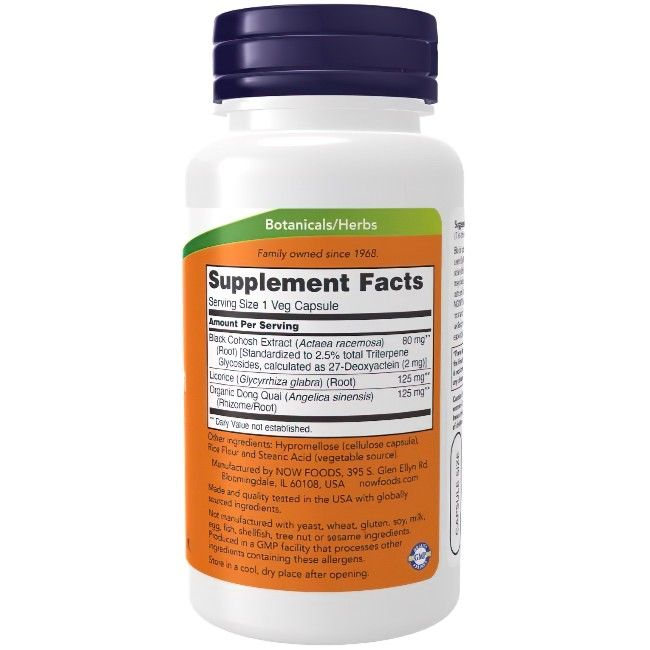Achterkant van Now Foods Black Cohosh Root Capsules. Supplement Facts, 90 Veg Capsules.
