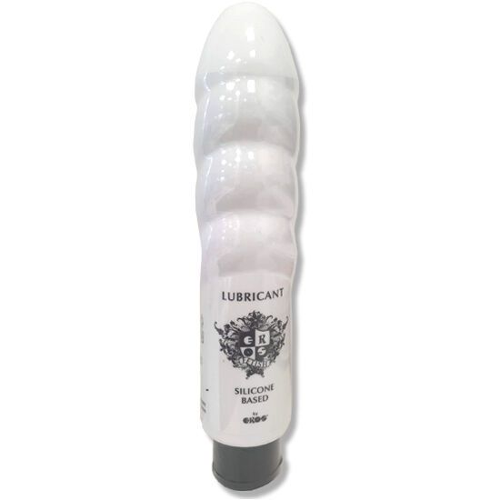 Flacon blanc au design de dildo côtelé, contenant un lubrifiant à base de silicone.