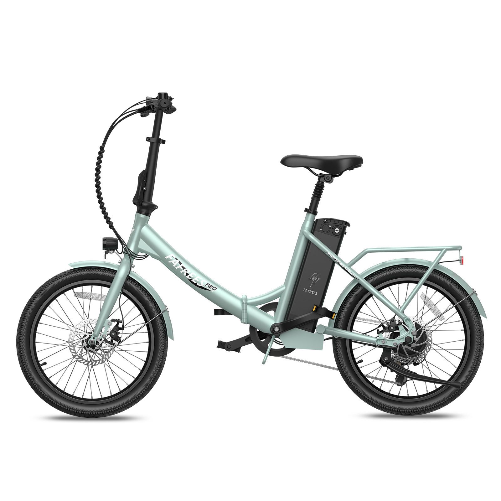 Vélo électrique Fafrees F20 vert clair. Pneus, selle et guidon noirs. Batterie sur le cadre. Porte-bagages arrière.