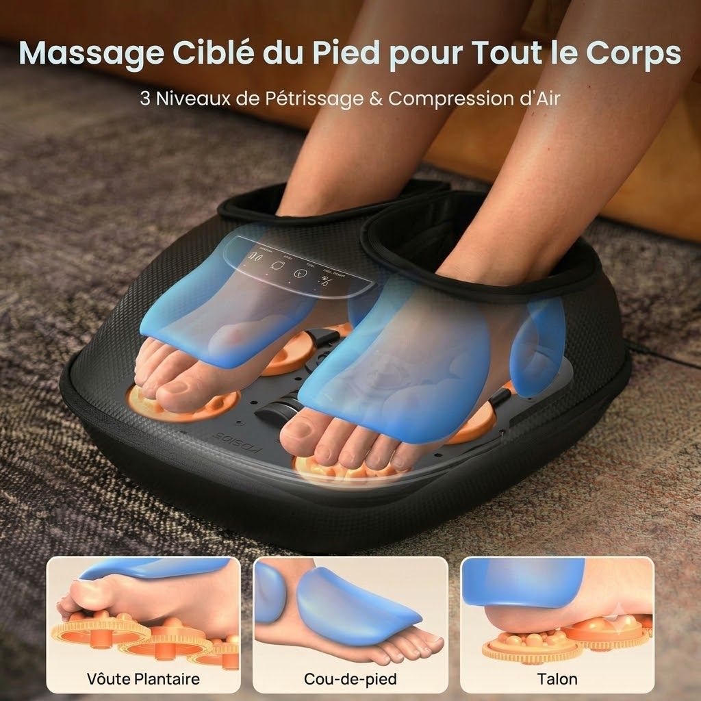 Masseur de pieds électrique avec éléments de massage bleus et oranges, massant les pieds.
