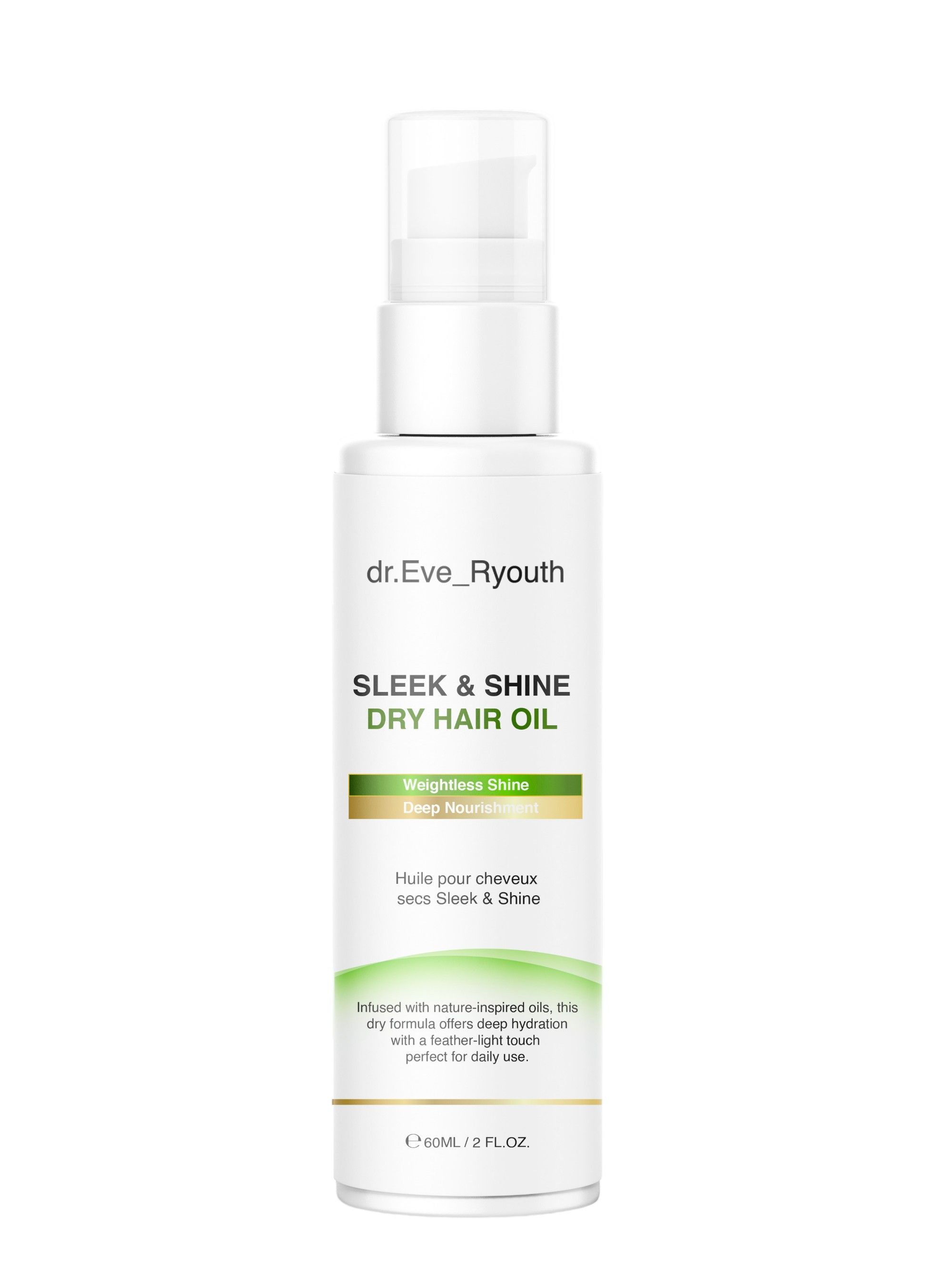 Flacon blanc avec pompe. Inscription: Sleek & Shine Dry Hair Oil. Texte: Huile pour cheveux secs Sleek & Shine.