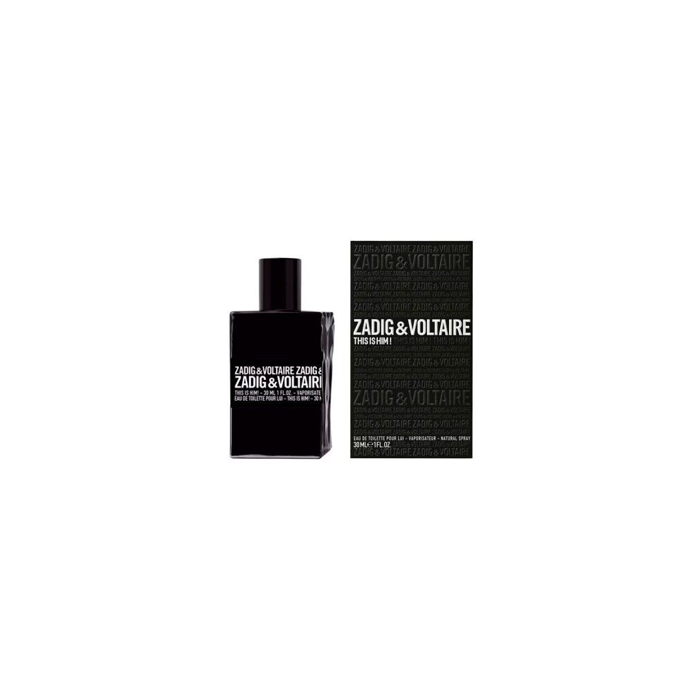 Zwarte fles en doos. Opschrift: ZADIG & VOLTAIRE THIS IS HIM! Eau de Toilette. 30 ml.