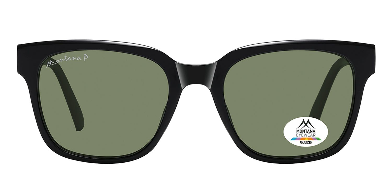 Zwarte zonnebril met groene glazen. Montana Eyewear logo op de poot en het glas. Gepolariseerde sticker op het glas.