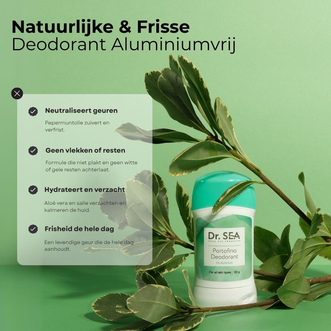 Deodorantstick met groene dop. Opschrift: Dr. SEA, Portofino Deodorant, 0% Aluminium. Voor alle huidtypes.