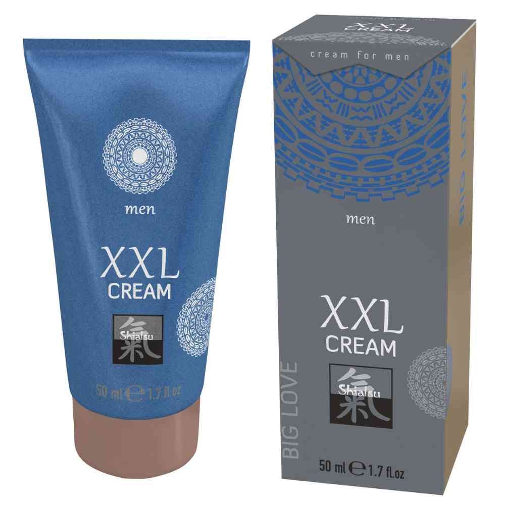 Blauwe tube en grijze doos. Opschrift "XXL CREAM", "men" en logo. 50 ml / 1.7 fl.oz. Doos met patroon.