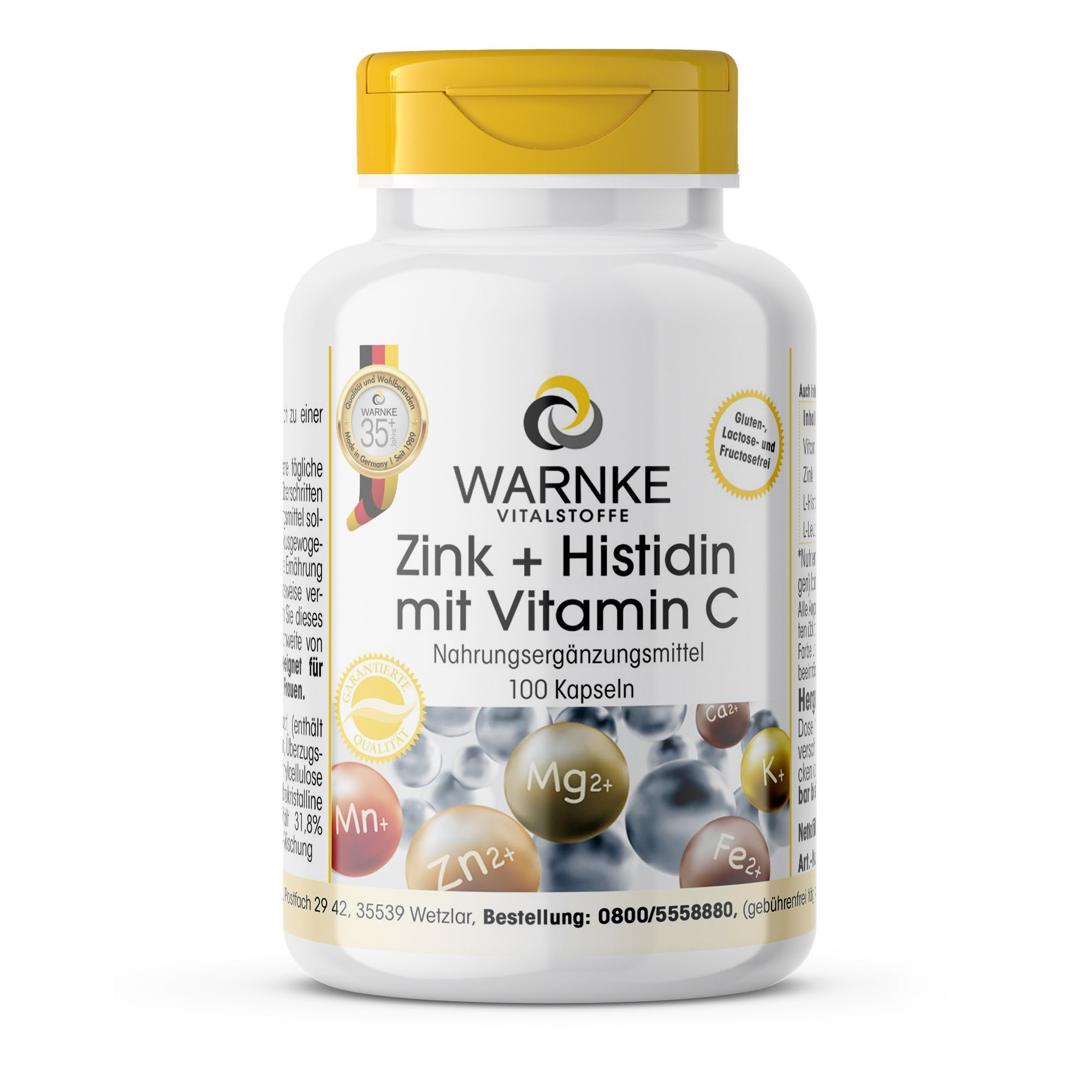 Witte fles met gele dop. Opschrift: Warnke Vitalstoffe Zink + Histidine met Vitamine C. 100 capsules. Met certificering.