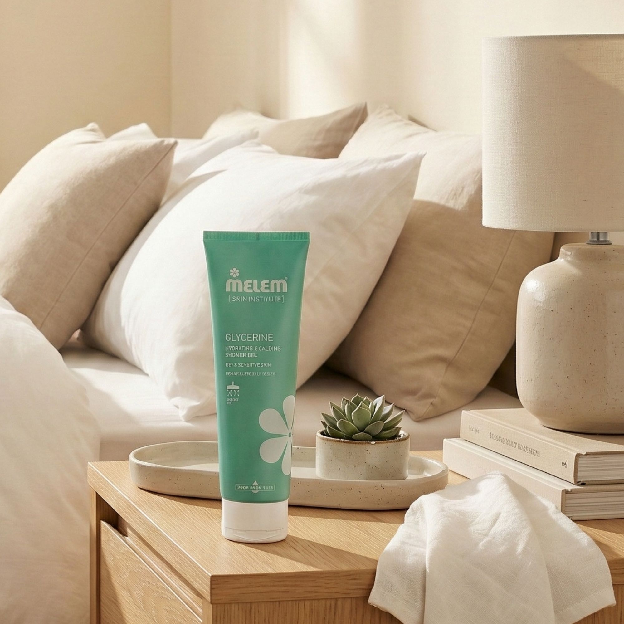 Tube turquoise avec bouchon blanc. Inscription : Melem, Glycerine, Hydrating & Calming Shower Gel. Posé sur une table de chevet.