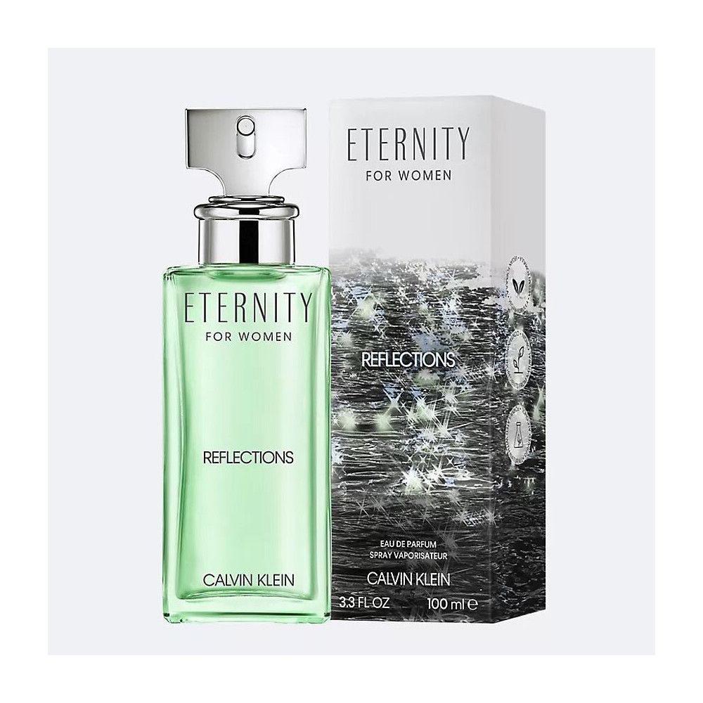 Groene parfumfles met zilveren dop en verpakking. Opschrift: Eternity Reflections, Calvin Klein.