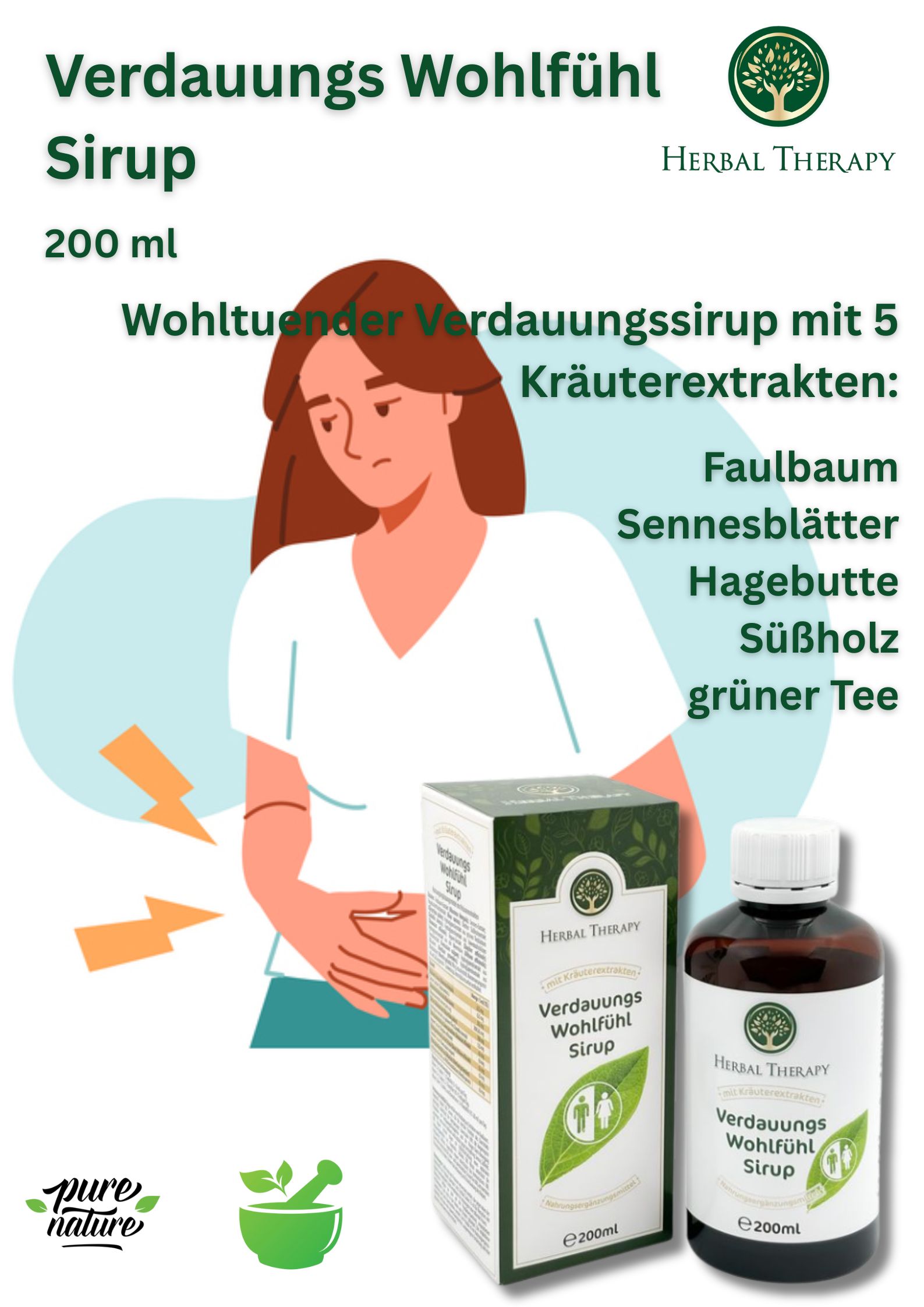 Reclamebeeld met vrouw, fles en verpakking. Opschrift: Herbal Therapy Verdauungs Wohlfühl Sirup. Tekst in het Duits.