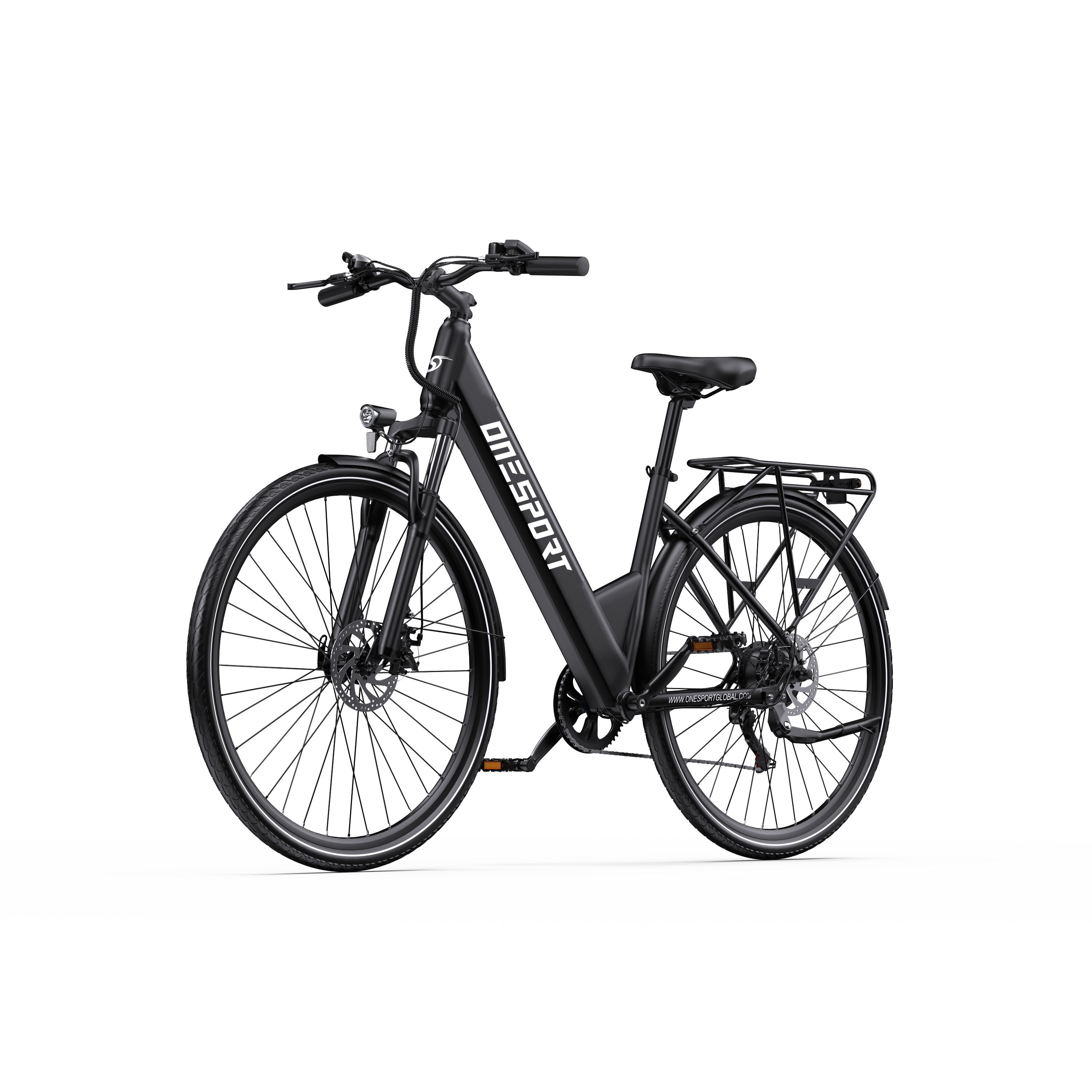 Vélo électrique noir avec le mot ONESPORT. Il possède un porte-bagages, des garde-boue et un phare.