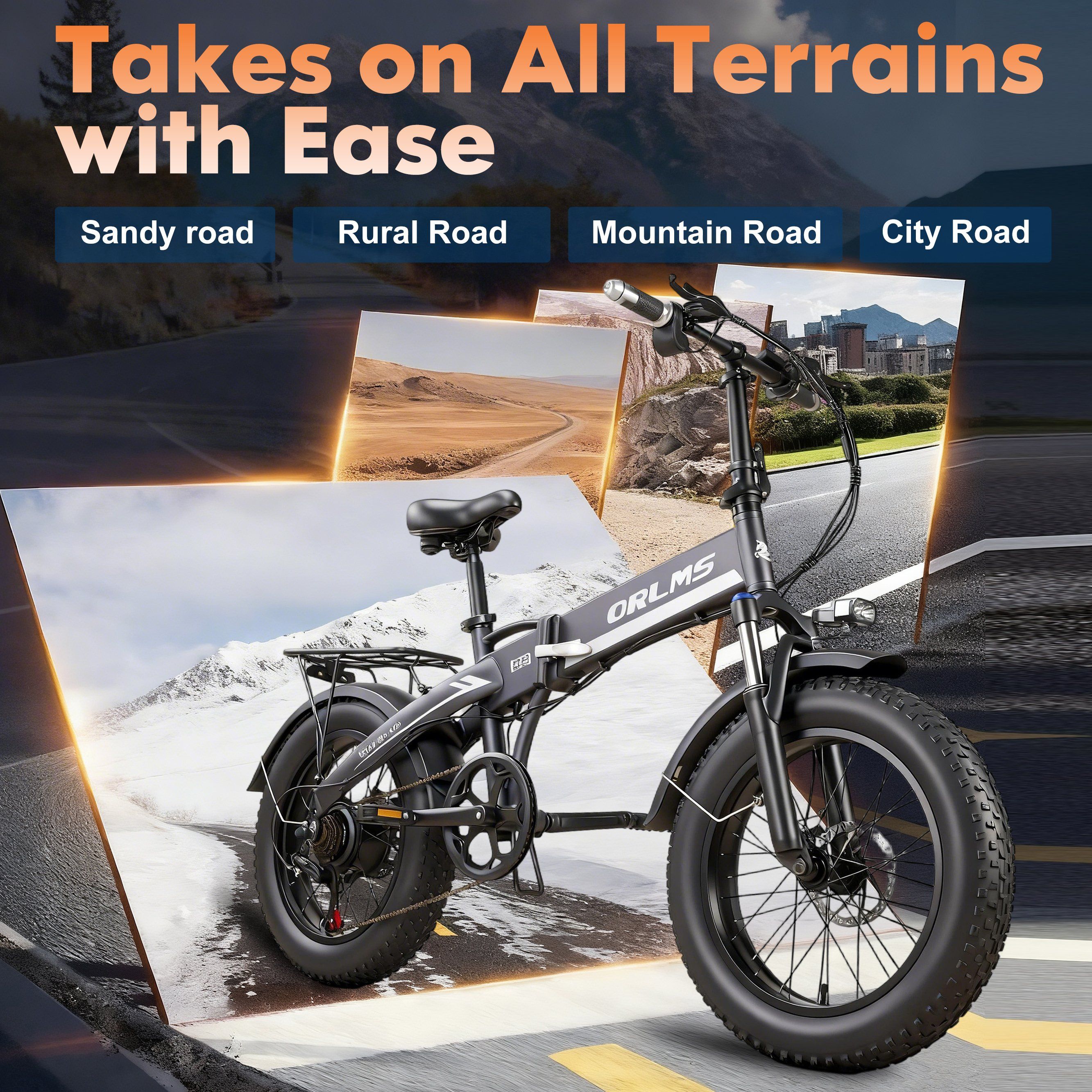 Vélo électrique pliable noir sur routes variées. Logo ORLMS. Texte: Takes on All Terrains with Ease.