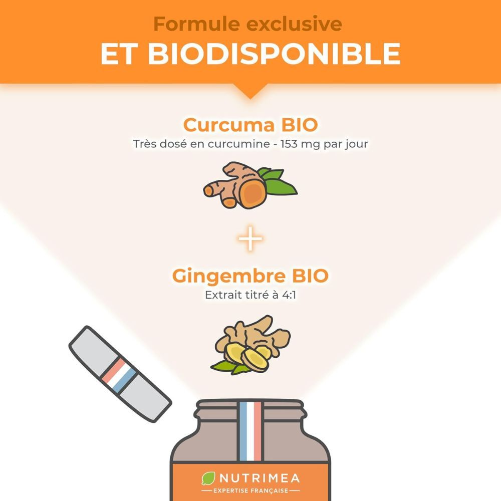 Infographie : Formule exclusive. Curcuma Bio et Gingembre Bio. Illustration de gingembre. Flacon avec couvercle coloré.