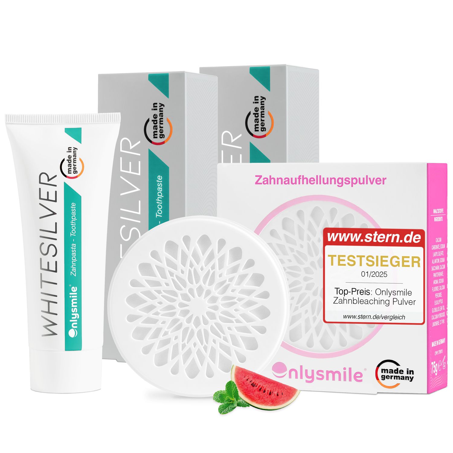 Dentifrice, poudre dentaire et emballages. Texte : Fabriqué en Allemagne. TestSieger. Seulement poudre dentaire et dentifrice WhiteSilver.