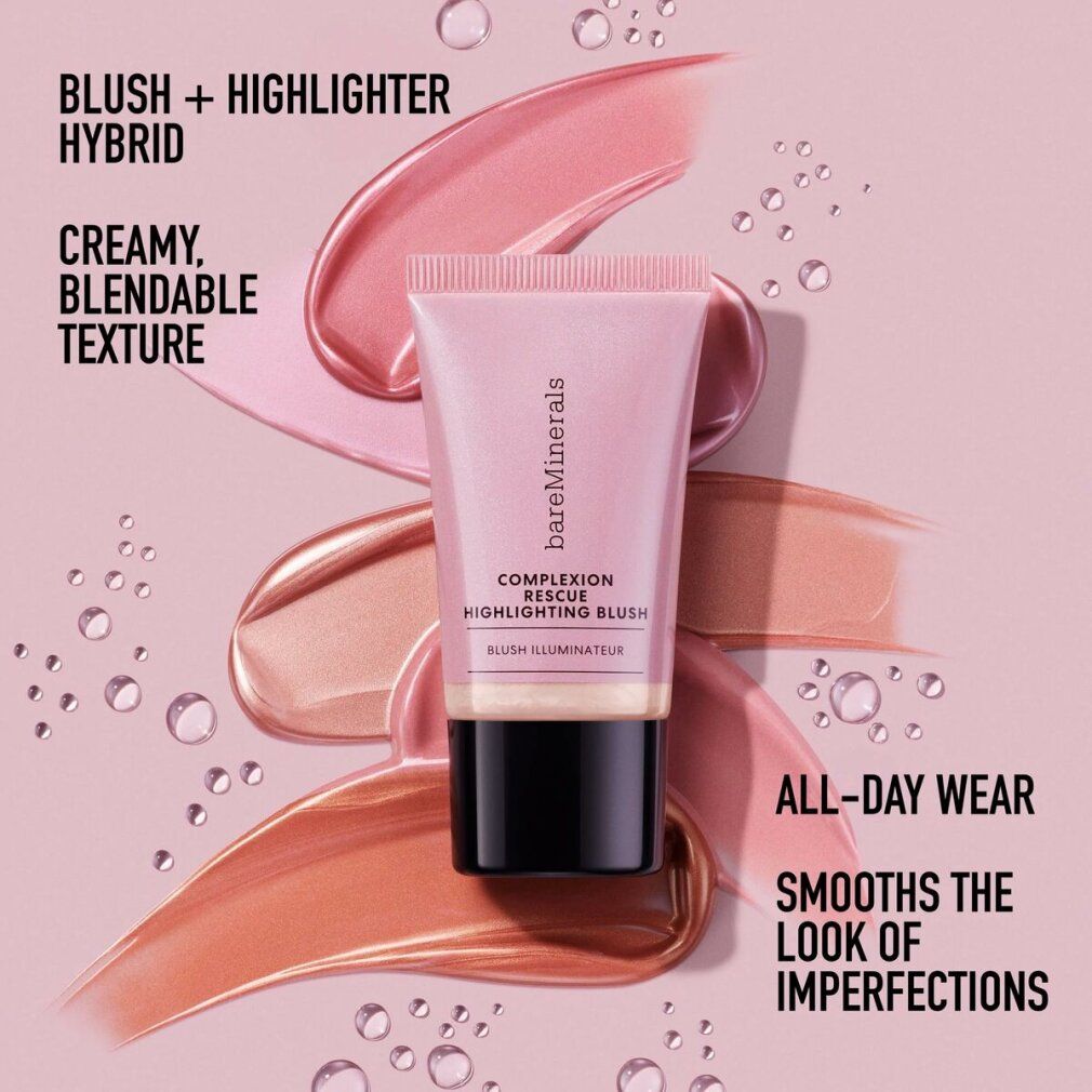 Tube rose avec échantillons de produit et texte. Inscription: bareMinerals, COMPLEXION RESCUE, HIGHLIGHTING BLUSH, BLUSH ILLUMINATEUR. Texte: Hybride, texture.