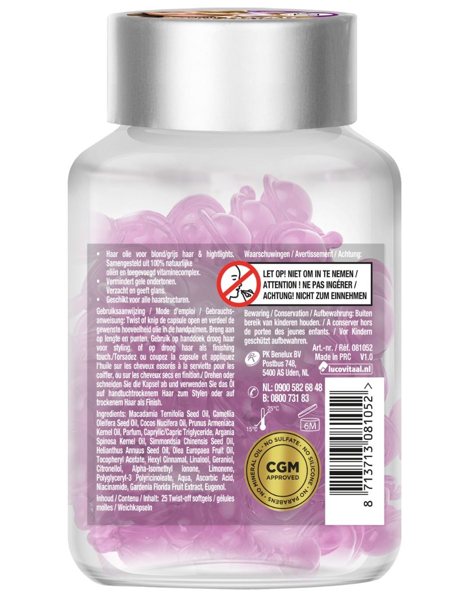 Achterkant flesje met roze capsules. Tekst: waarschuwingen, ingrediënten, gebruiksaanwijzing, Lucovitaal logo, barcode.