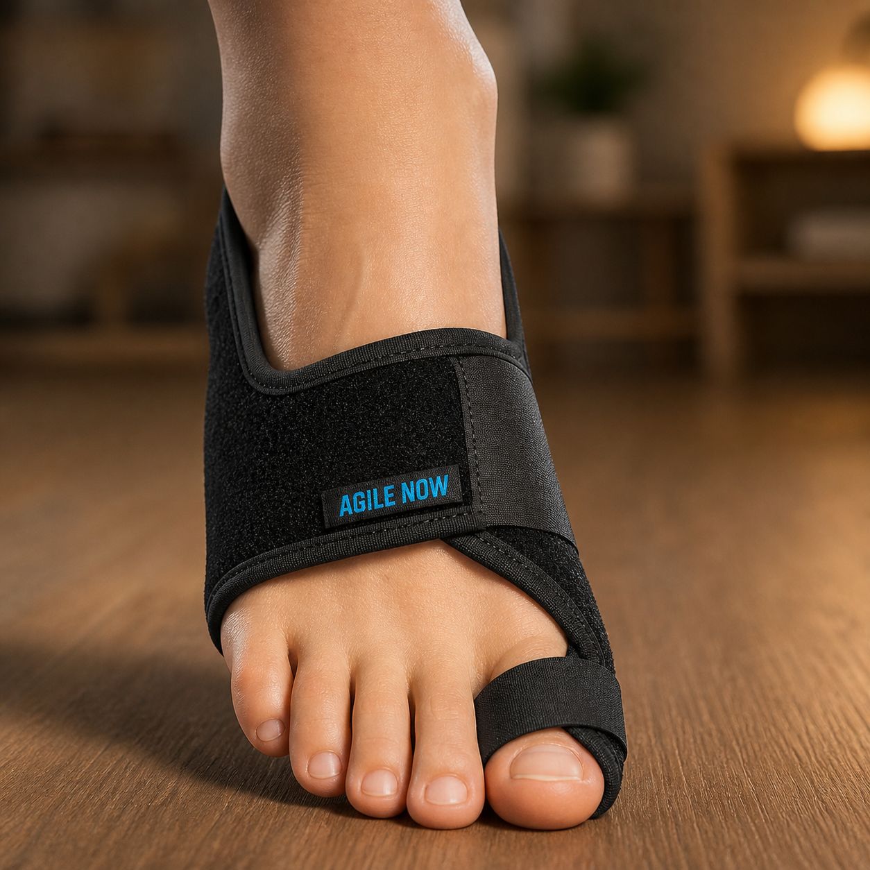 Pied avec attelle noire. Marque AGILE NOW. Sur parquet.