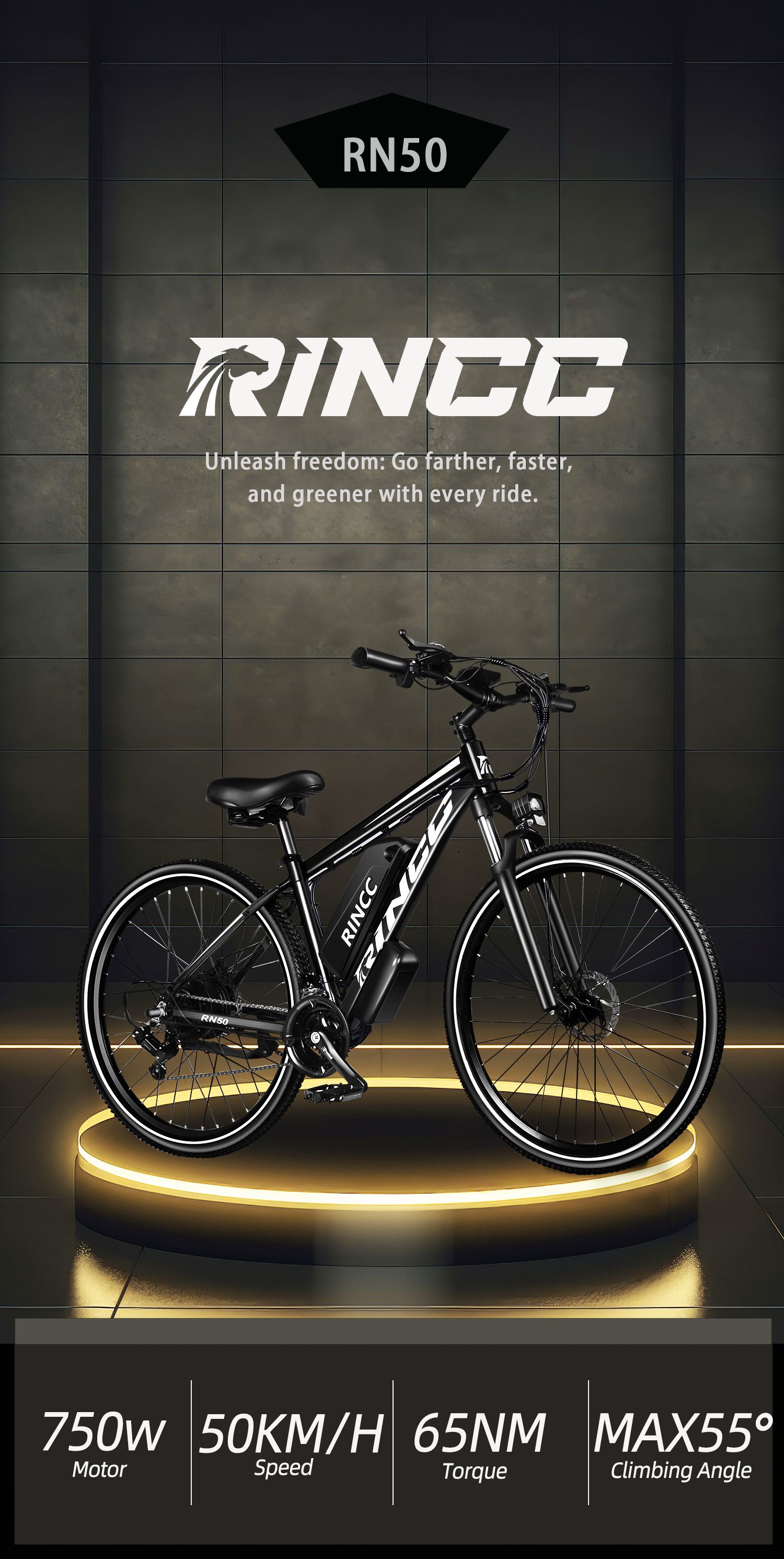 Reclamebeeld voor Rincc e-bike. Rincc-logo, technische specificaties: 750W motor, 50KM/H snelheid.