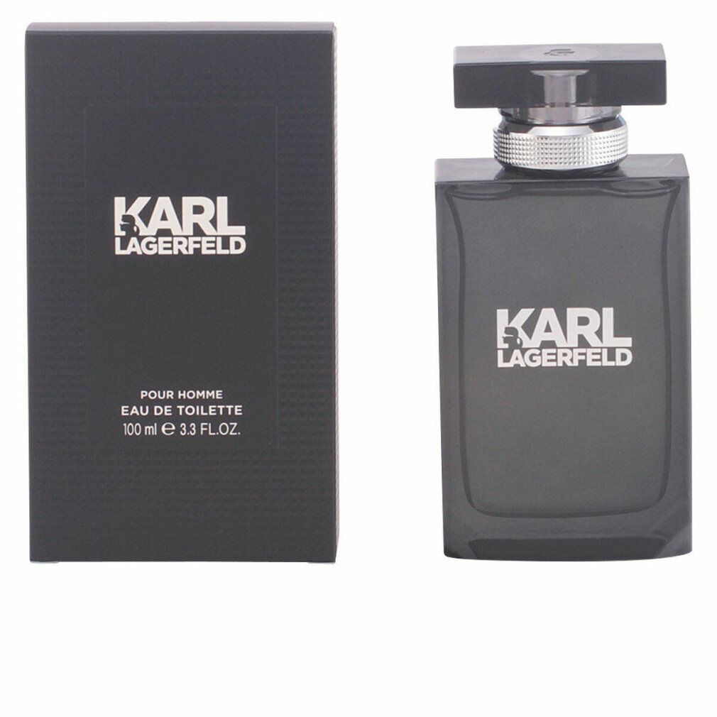 Vaporisateur Eau de Toilette Karl Lagerfeld Pour Homme et son emballage côte à côte. Le flacon et la boîte sont noirs.