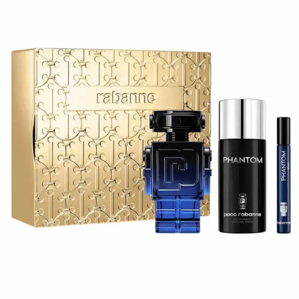Geschenkset met gouden doos, fles, deodorant en roll-on. Robotvormige fles, blauw. Deodorant en roll-on met "Phantom" opschrift.