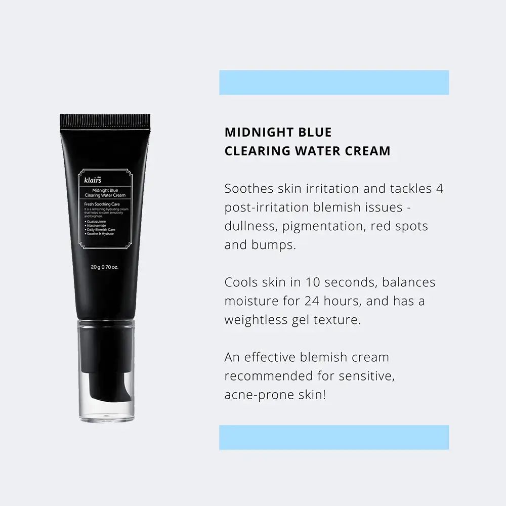 Tube noire avec texte blanc. Nom du produit: Midnight Blue Clearing Water Cream. Texte sur les irritations cutanées et les boutons.