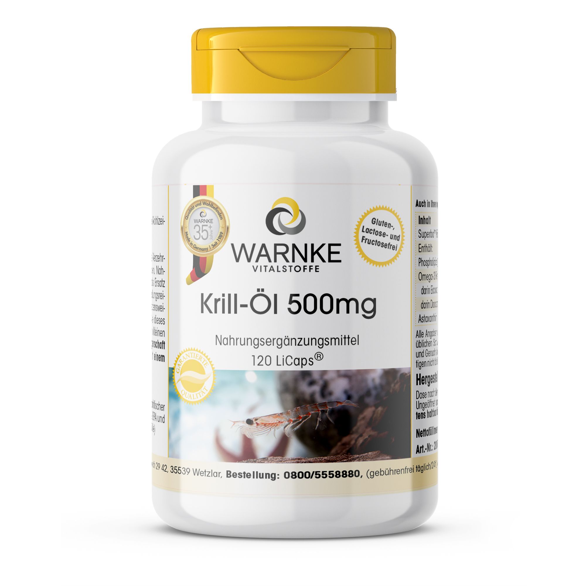 Witte fles met gele dop. Opschrift: Warnke Vitalstoffe Krill-Öl 500mg. Voedingssupplement. 120 LiCaps. Met zegel.