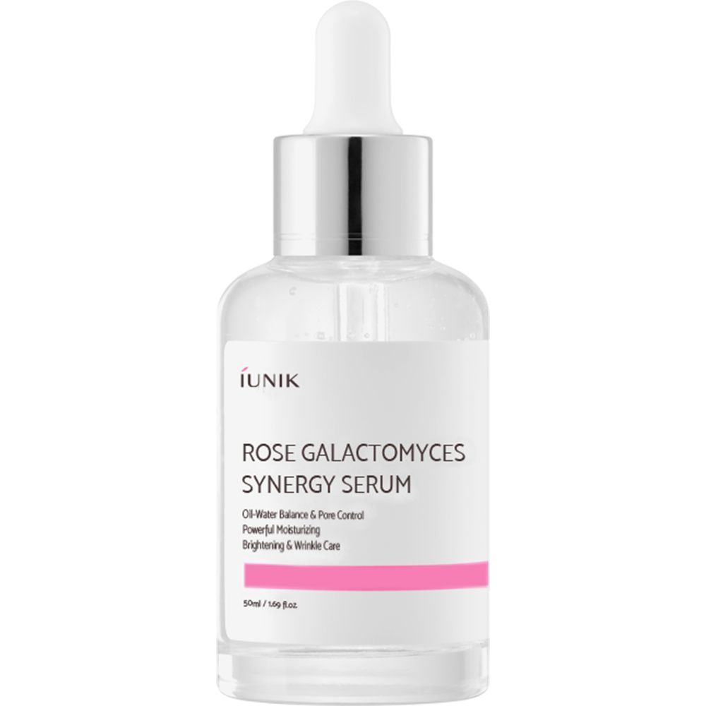 Transparante glazen fles met pipet. Opschrift: iUNIK Rose Galactomyces Synergy Serum. Roze streep en tekst.