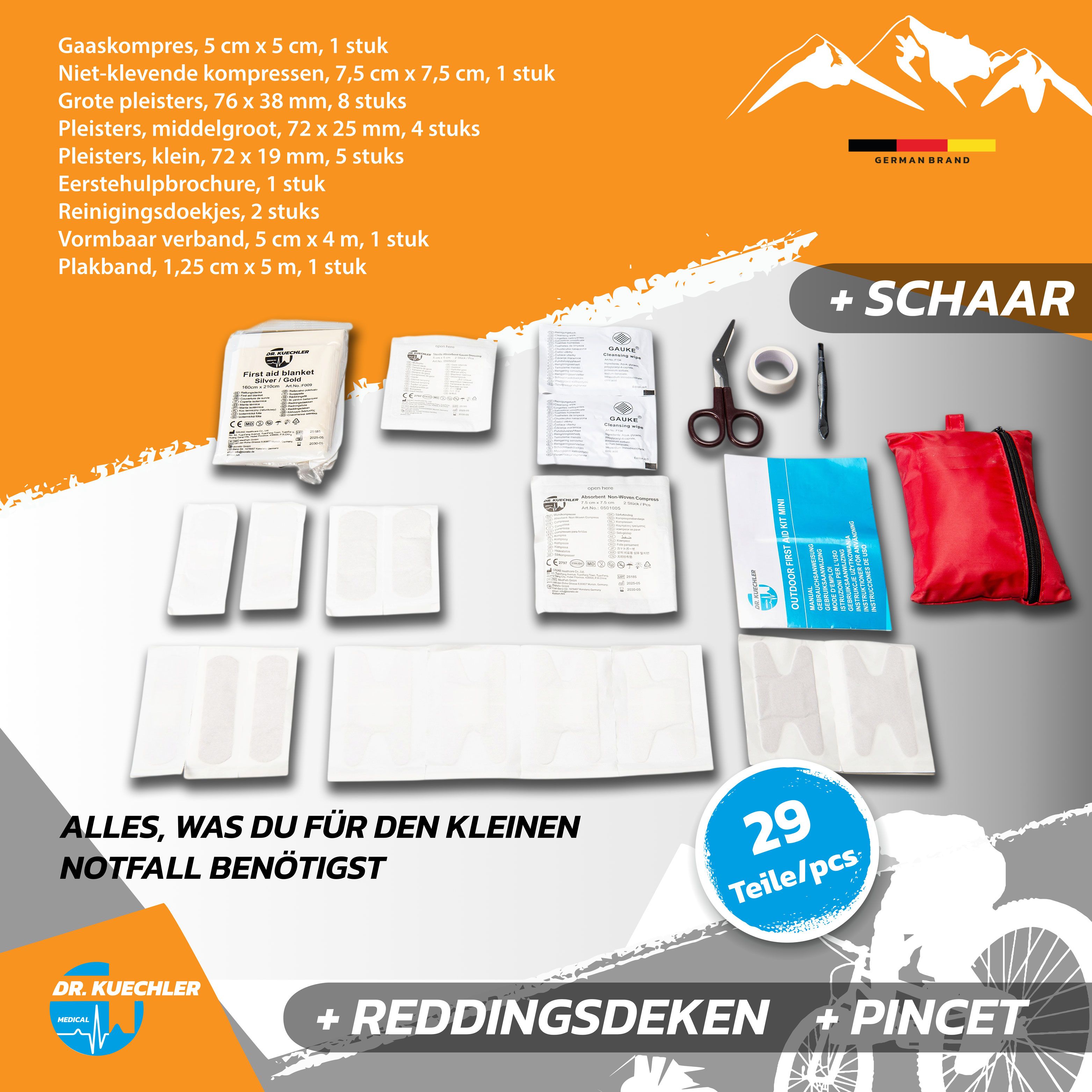 Rode EHBO-kit, 15x10x3 cm. Opdruk: First Aid Kit Mini. Zwarte rits. Afmetingen: 10 cm, 15 cm, 3 cm.