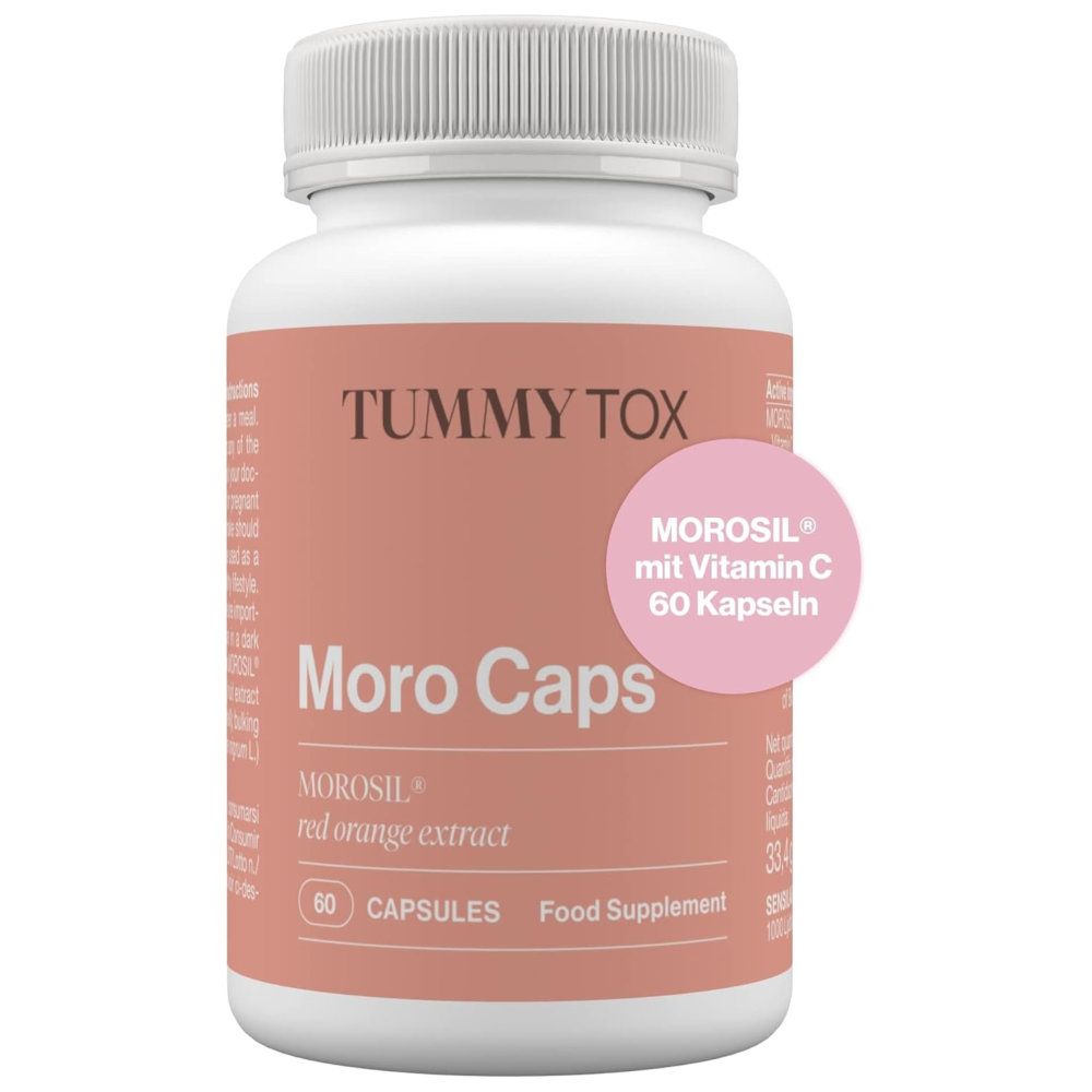 Flacon blanc "Tummy Tox Moro Caps" avec étiquette rouge. Contient 60 gélules. Morosil avec vitamine C. Complément alimentaire.