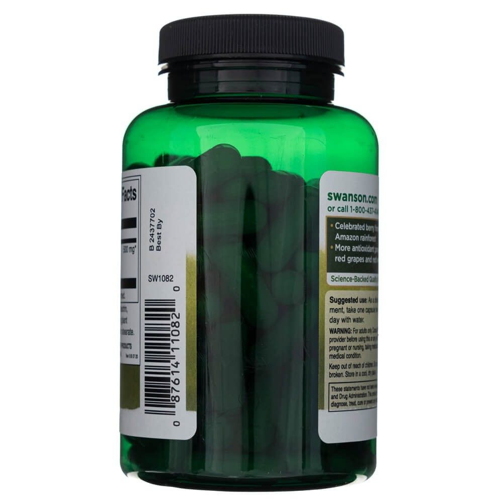 Vue latérale d'une bouteille verte de gélules de baies d'açaï Swanson, 500 mg par gélule.