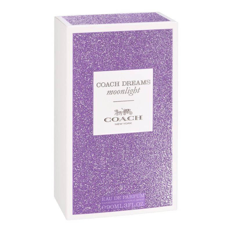 Coach Dreams Moonlight Eau de Parfum Spray. Emballage. Boîte violette scintillante avec logo et nom du produit.