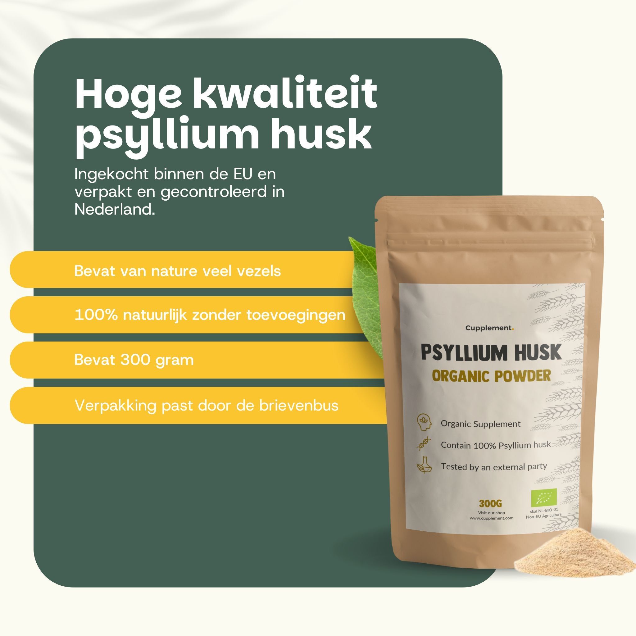 Zakje Psyllium Husk. Tekst: Klanten beoordelen ons met 4,7/5, verbeterde stoelgang.