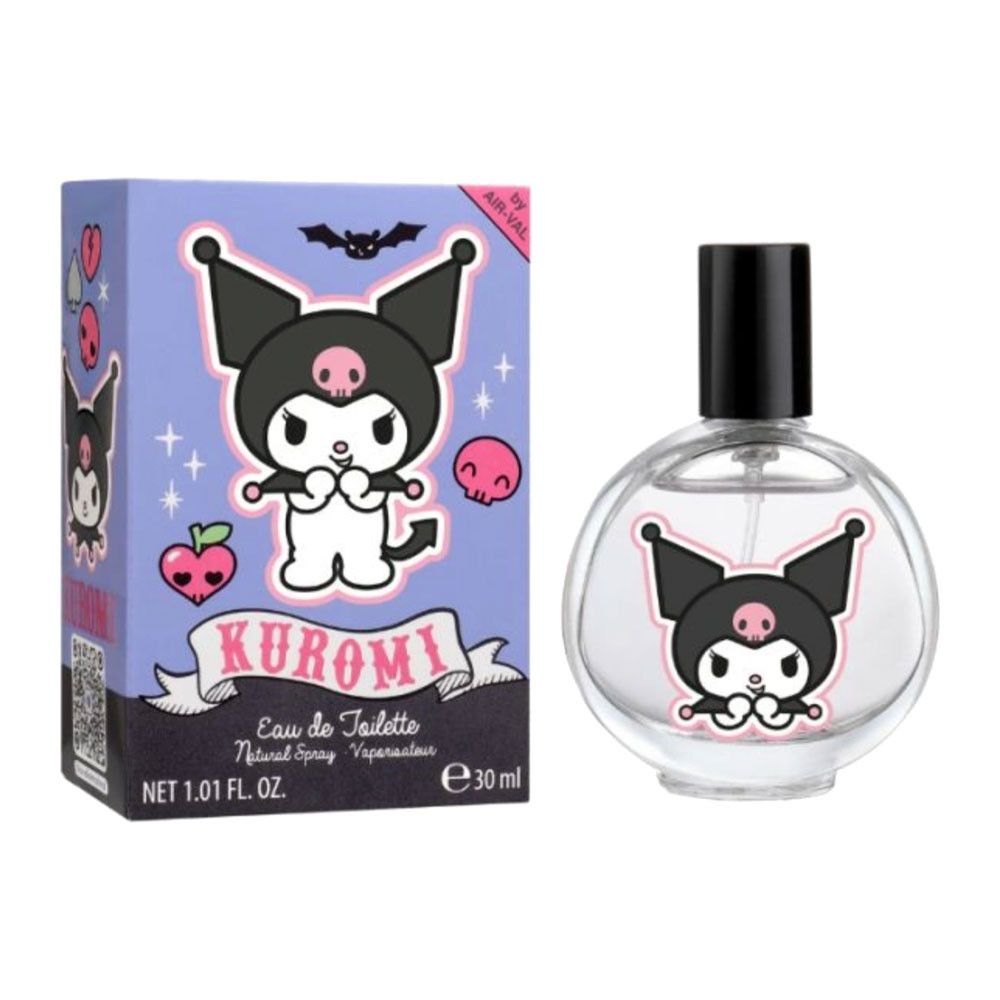 Eau de Toilette Kuromi. Flacon et emballage avec illustration Kuromi. Flacon de 30 ml. Emballage avec nom et logo du produit.