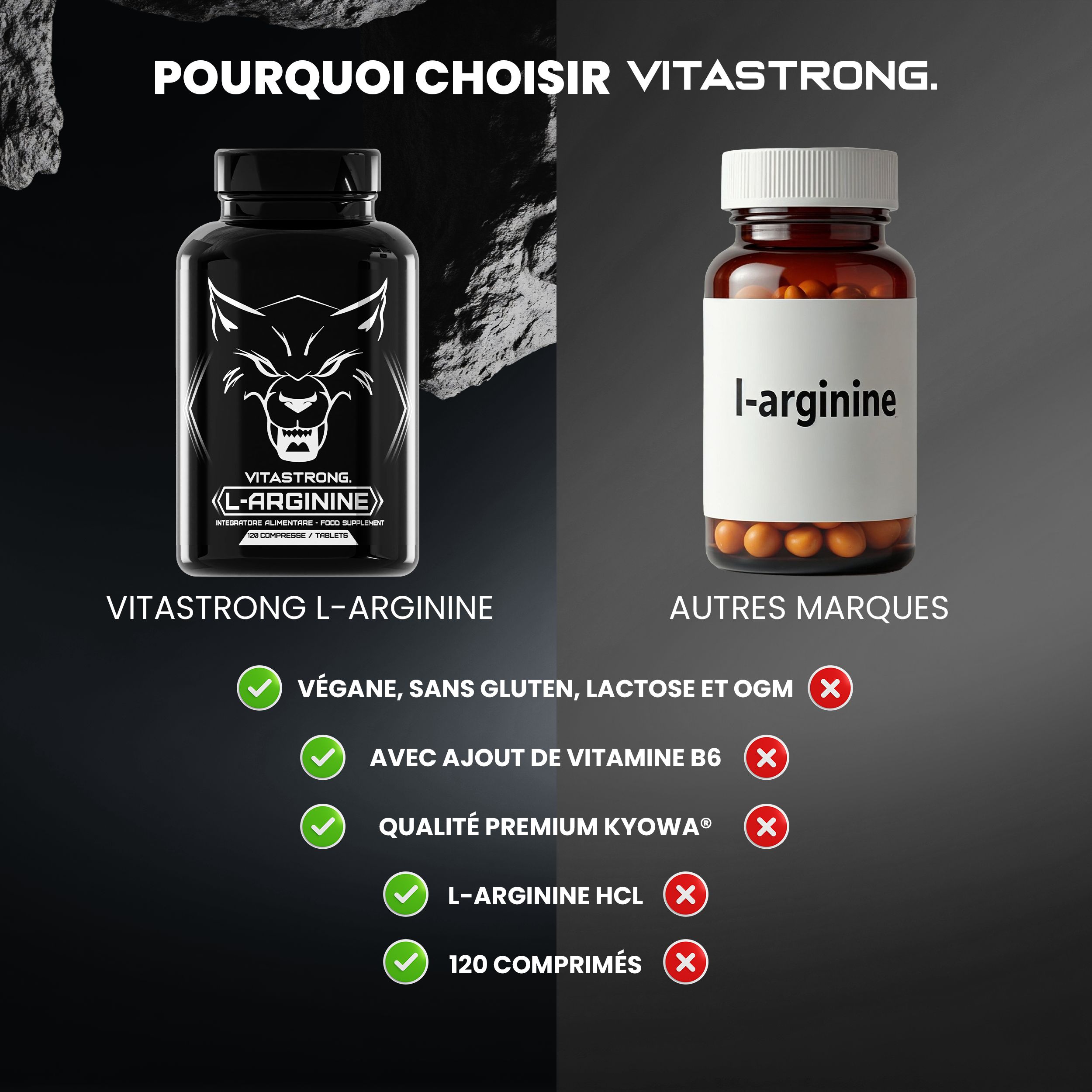 Vergelijking Vitastrong L-Arginine met andere merken. Vitastrong: vegan, glutenvrij, met Vitamine B6, 120 tabletten.