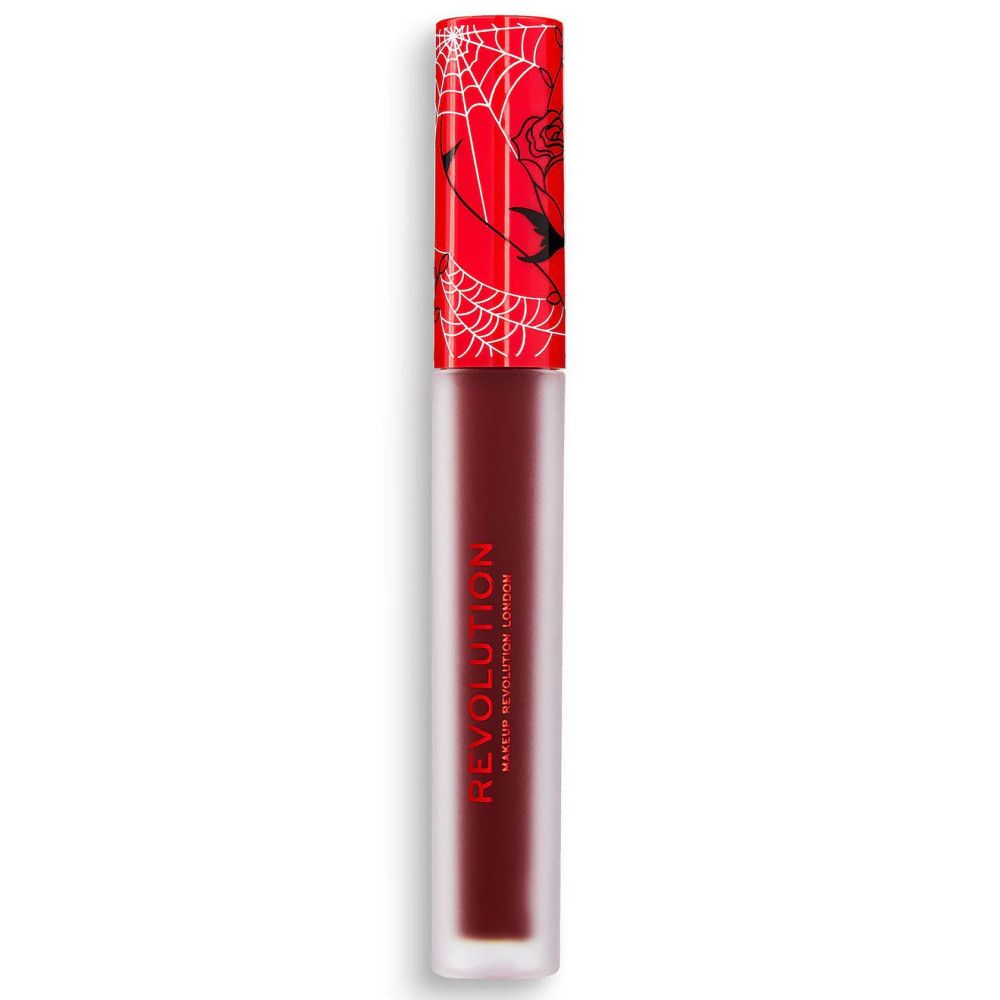 Rouge à lèvres liquide. Récipient rouge avec rouge à lèvres rouge. Couvercle avec motif toile d'araignée. Marque: Makeup Revolution.