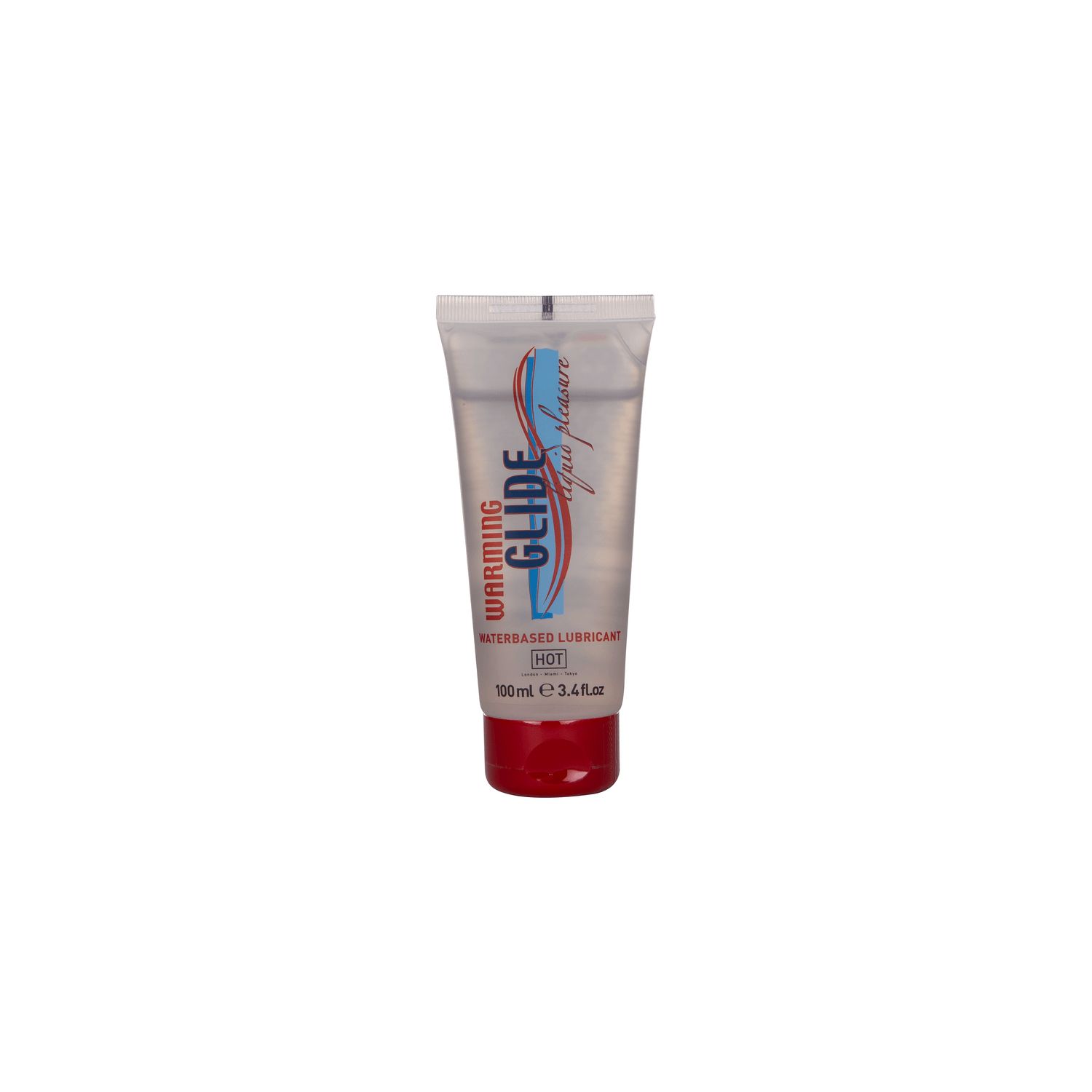 Tube transparente avec bouchon rouge. Inscription : WARMING GLIDE, WATERBASED LUBRICANT. Contenu : 100ml.