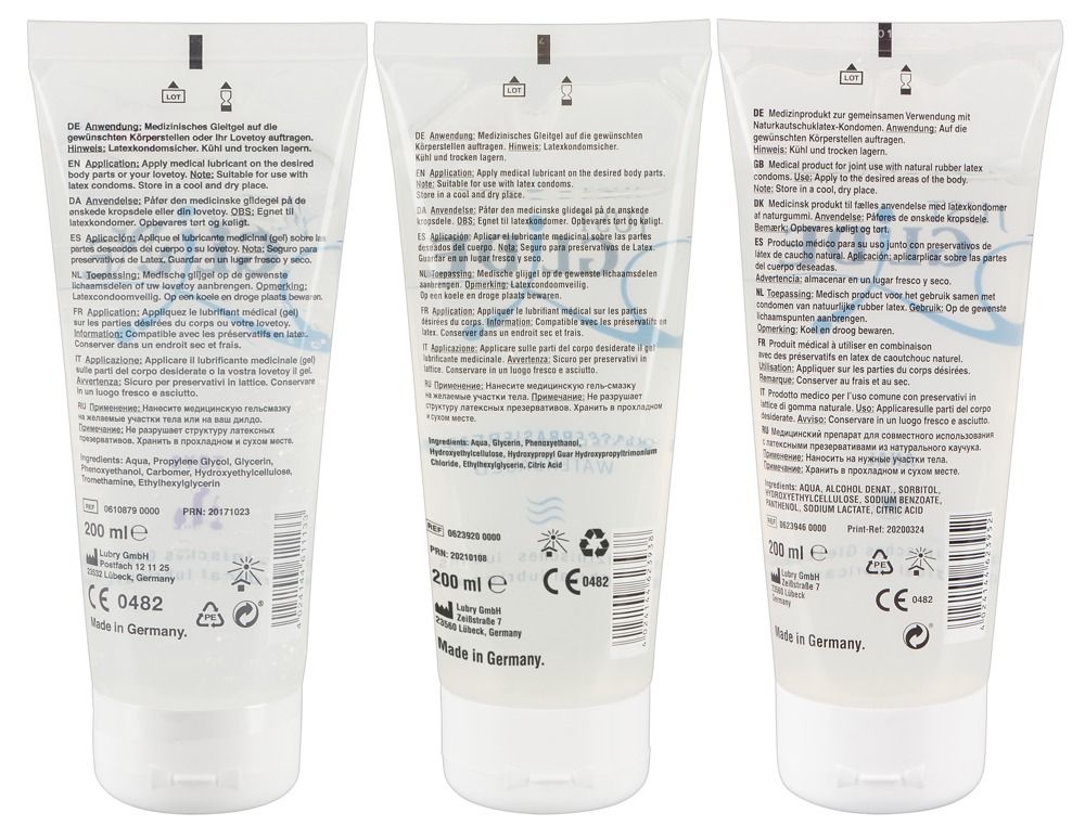 Trois tubes de gel lubrifiant JUST GLIDE, dos avec instructions et ingrédients.