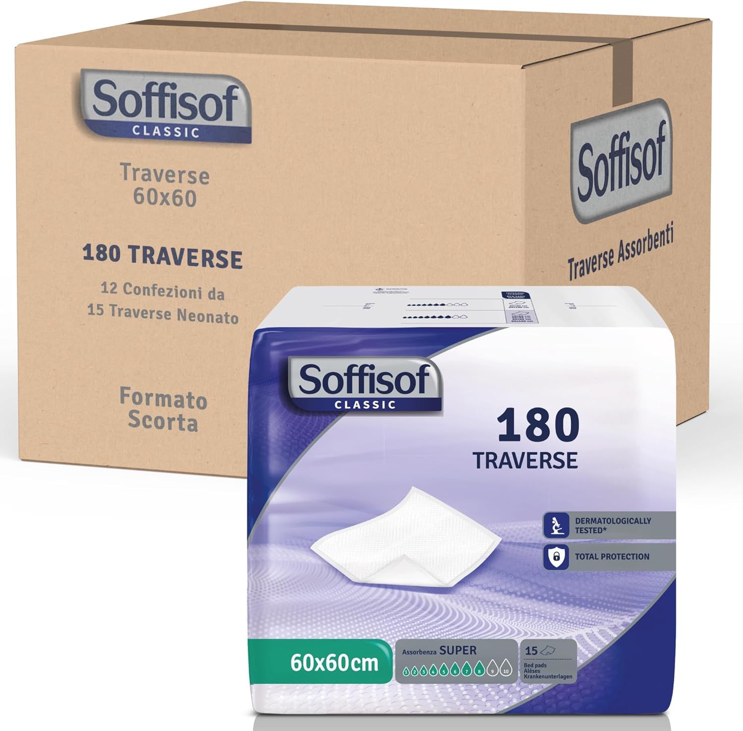 Paquet d'alèses Soffisof Classic. 180 pièces, 60x60cm. Testé dermatologiquement. Protection totale. Emballage carton.