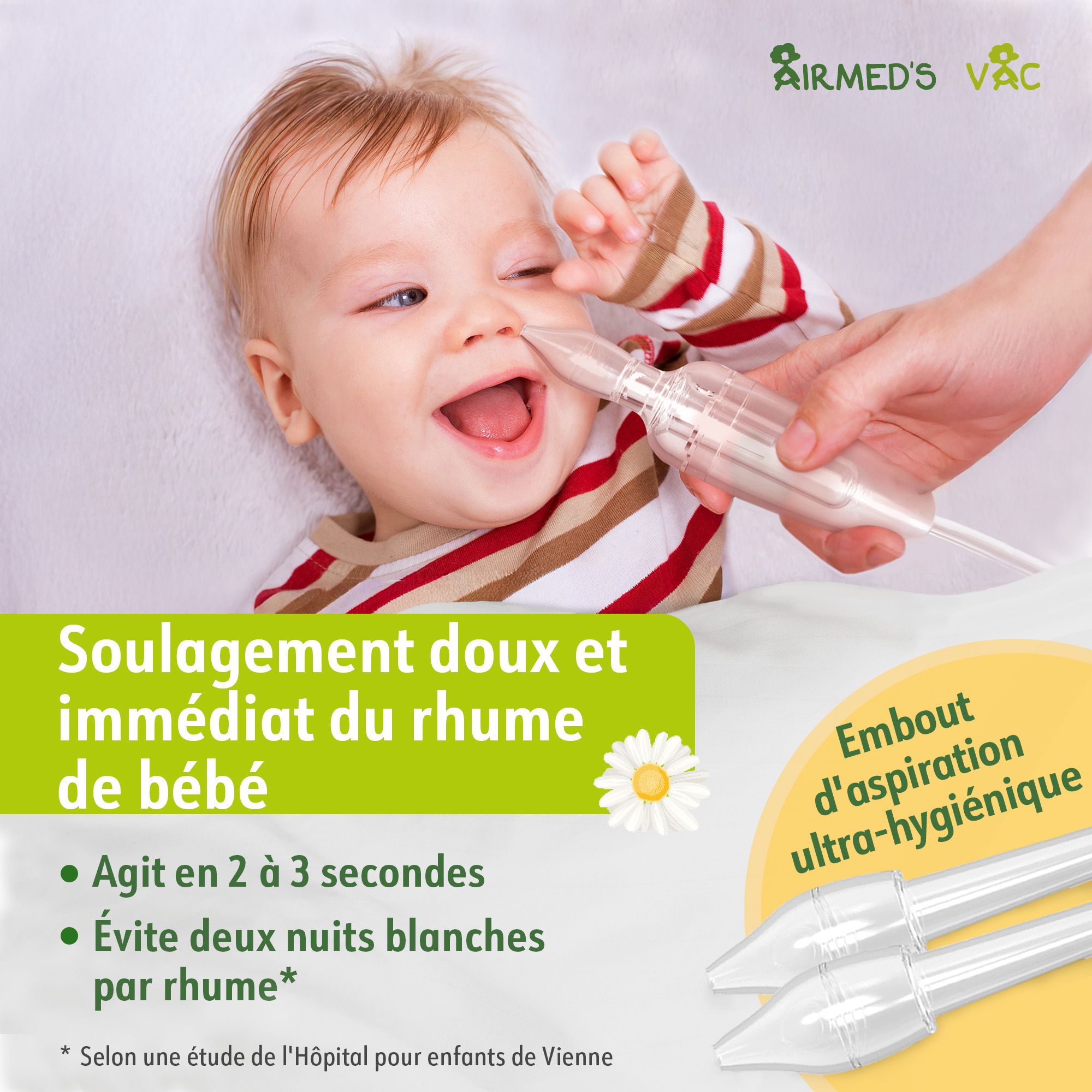 Aide douce contre le rhume des bébés : Aspirateur nasal avec embout d'aspiration ultra-hygiénique.