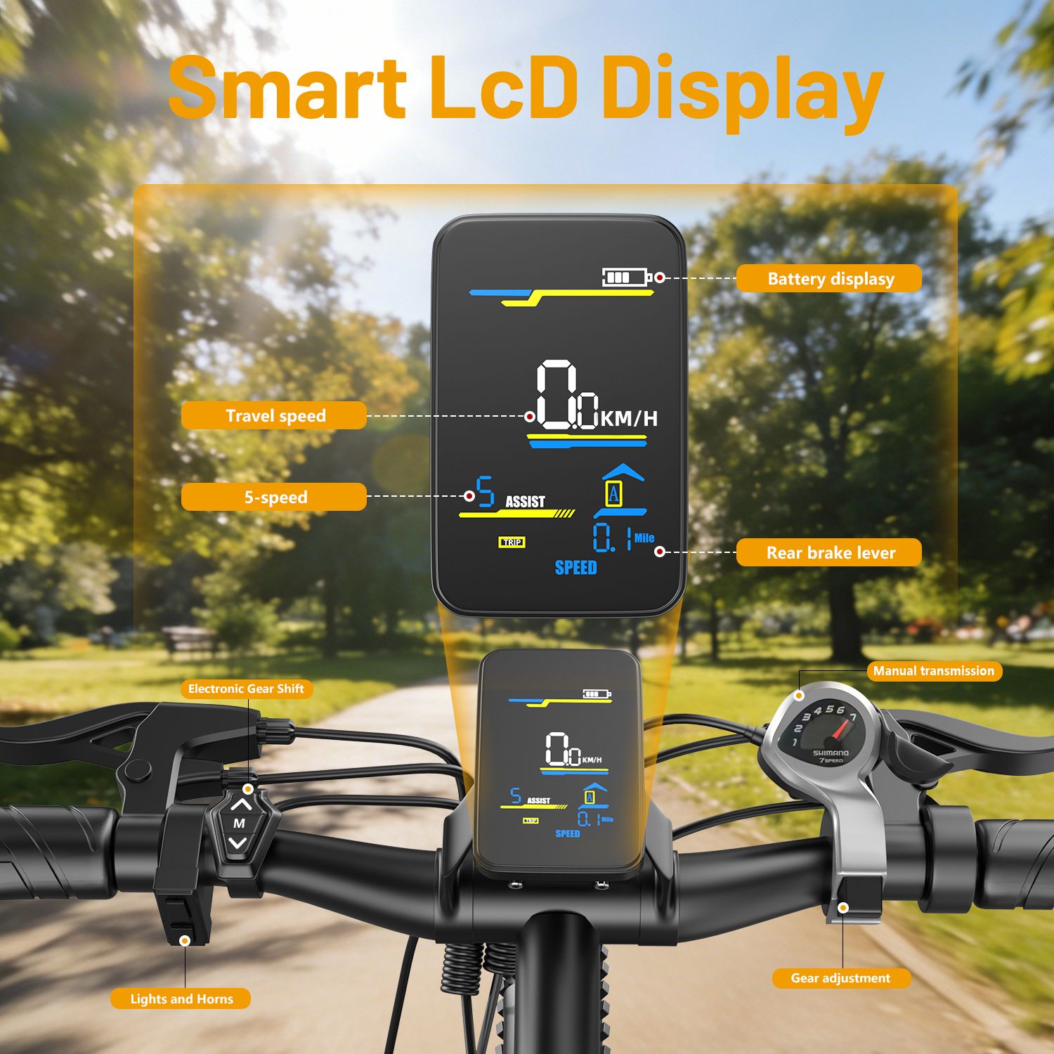 Guidon de vélo avec écran LCD intelligent. Affiche vitesse, batterie, niveau d'assistance. Commandes.