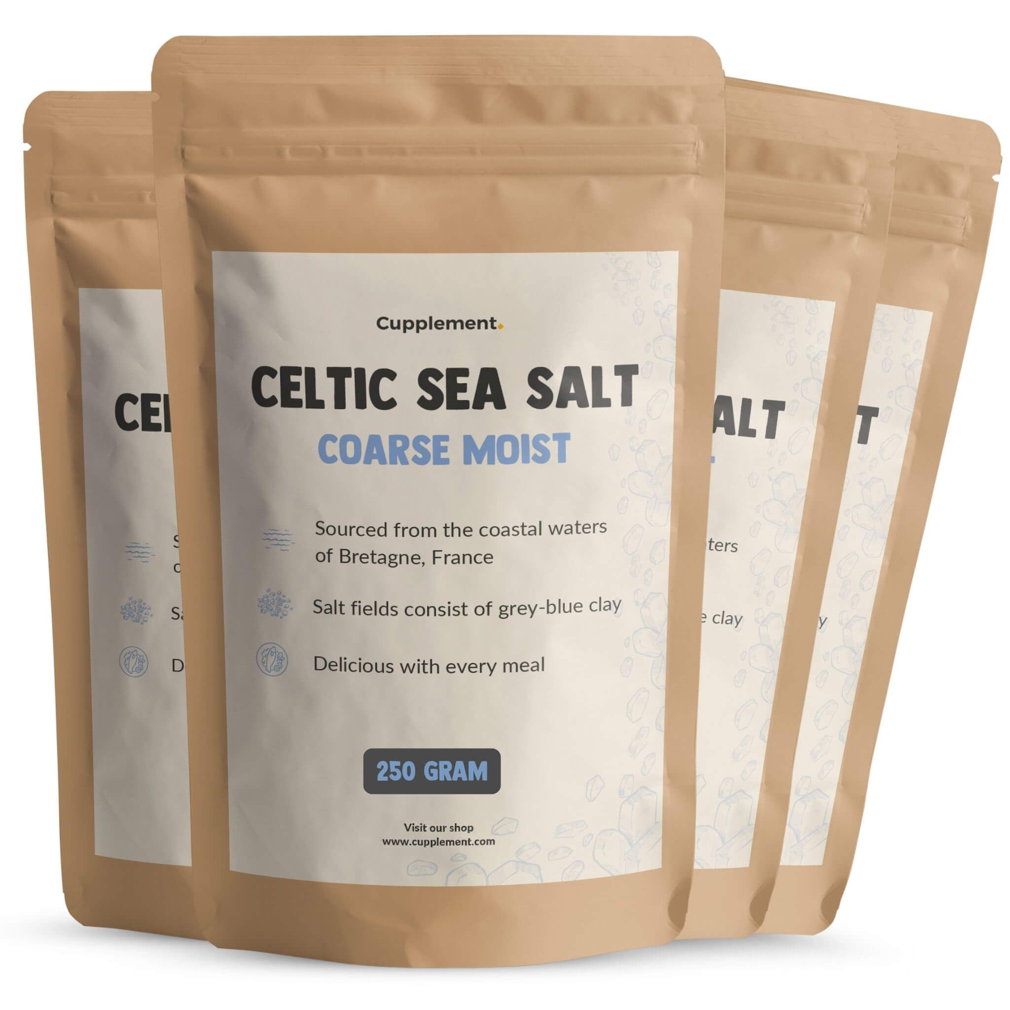 Zakje Cupplement Celtic Sea Salt. Opschrift: Coarse Moist, 250 gram.