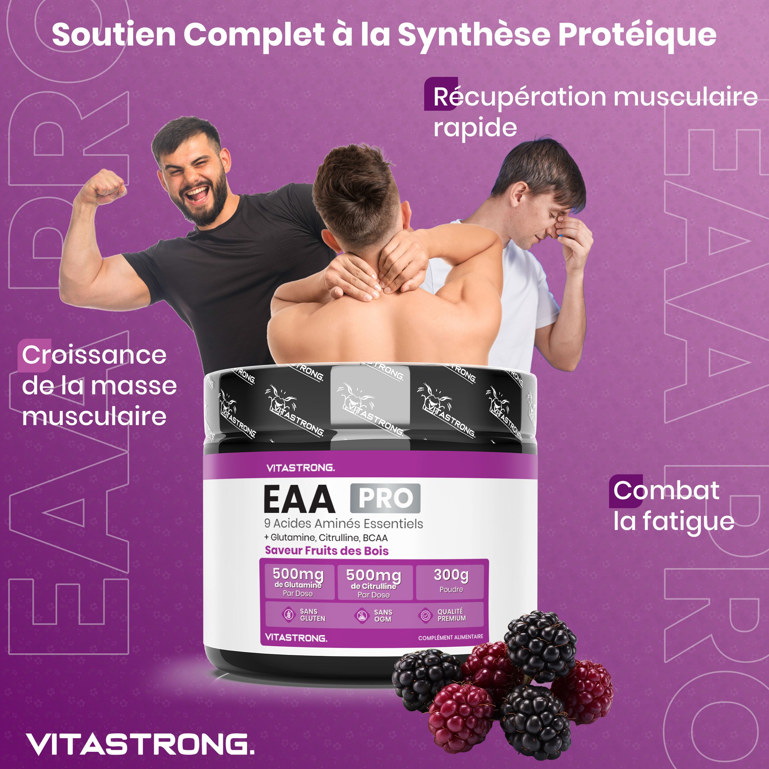 Vitastrong EAA Pro, pot. 300g poeder. 9 essentiële aminozuren. Bessensmaak. Glutenvrij, geen GMO. Met BCAA.