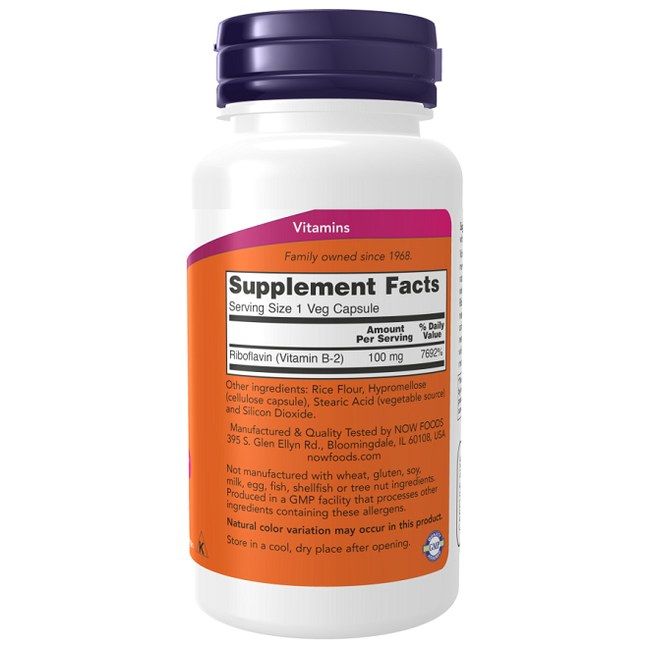 Bouteille Now Foods Vitamine B-2 100 mg avec étiquette Supplement Facts. Contient du Riboflavine.