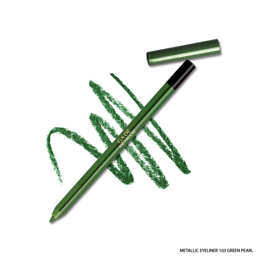 Eye-liner vert métallisé avec capuchon ouvert et trait. Pointe noire, corps vert. Marque : Ga-De Metallic.