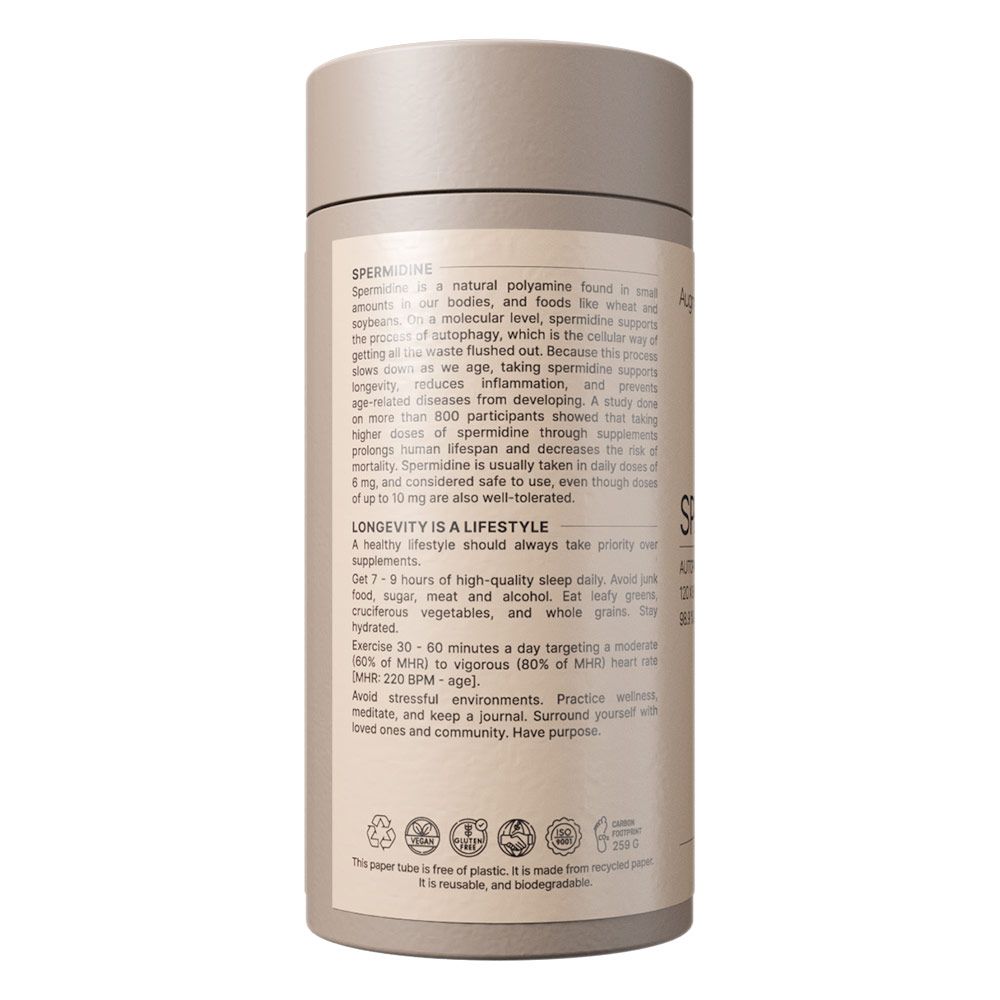 Bouteille cylindrique grise avec une étiquette contenant des informations sur la spermidine.