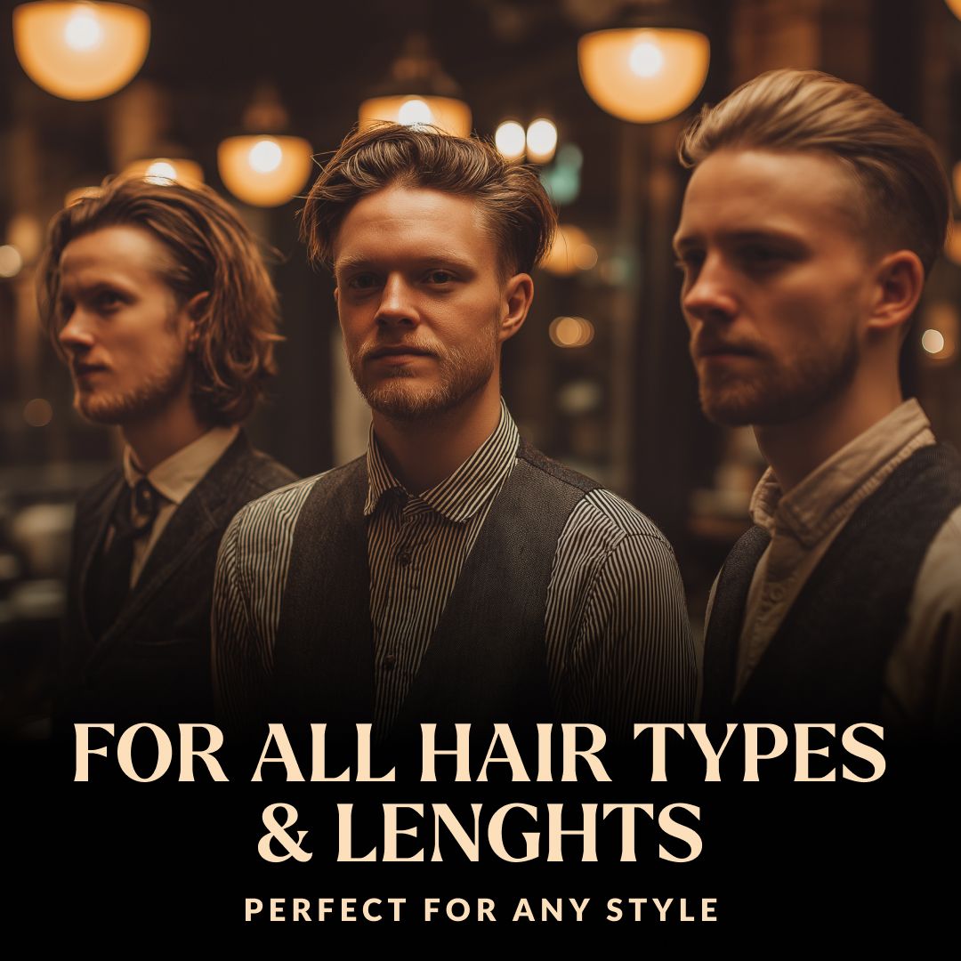 Trois hommes aux cheveux coiffés dans un salon.