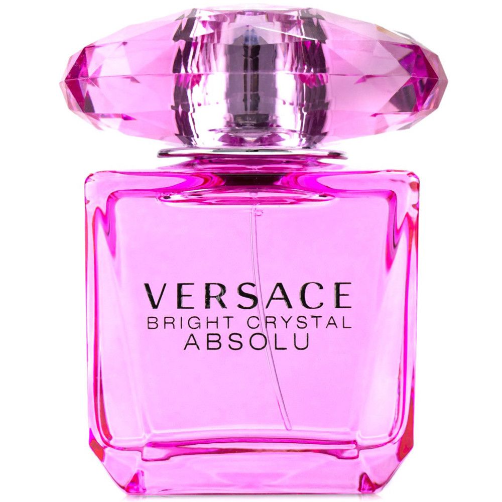 Roze fles. Opschrift: Versace Bright Crystal Absolu. Kristalvormige dop. Vierkante vorm.