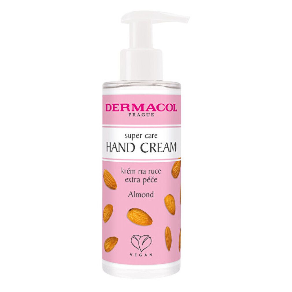 Flacon de crème pour les mains avec pompe doseuse. Étiquette rose avec illustrations d'amandes et texte : Hand Cream, Vegan.