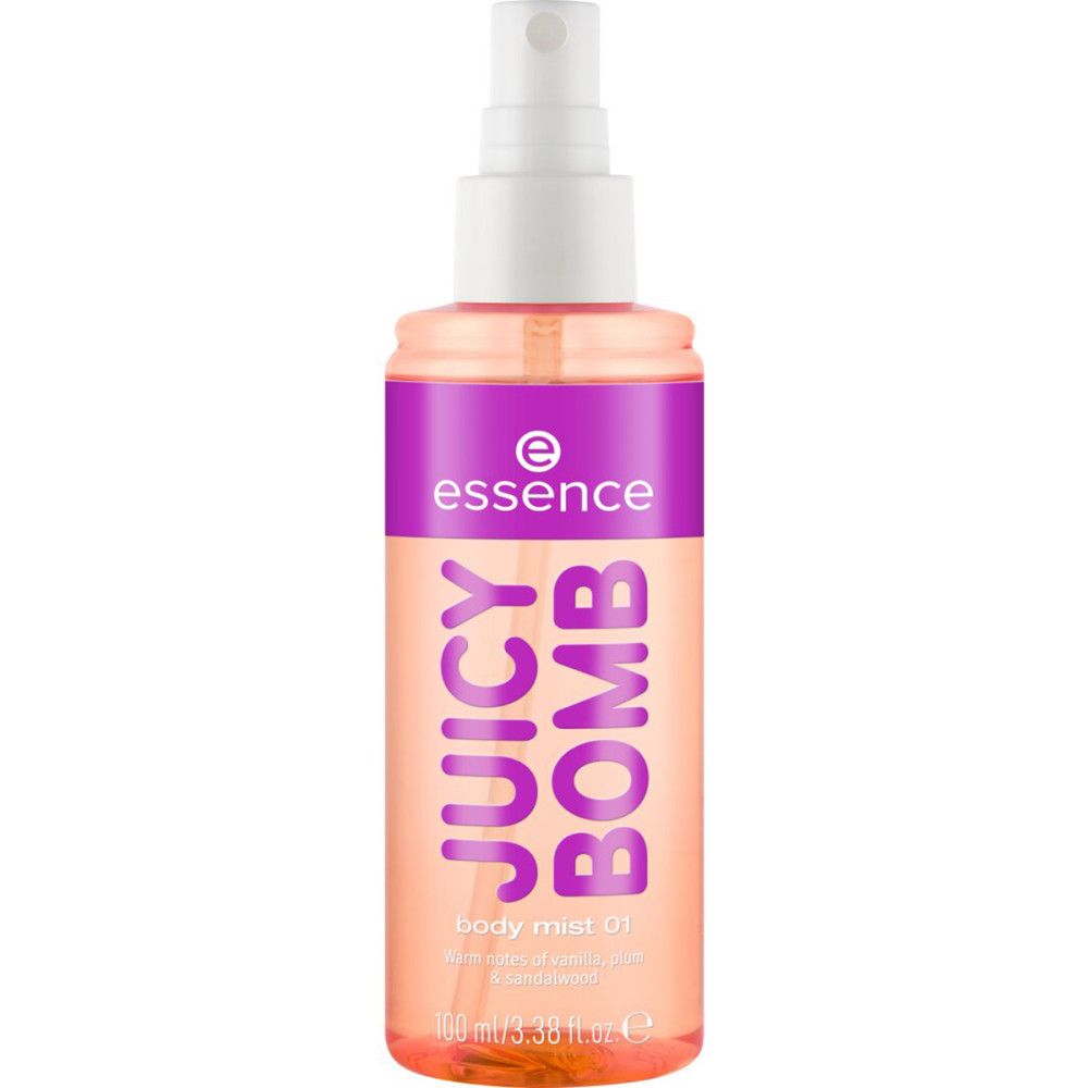Body mist fles met paars en roze etiket. Opschrift: Juicy Bomb, Essence. Spuitkop.